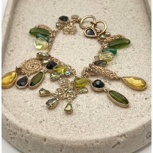 Vintage Cookie Lee Charm Bracelet Green Glass Stones Butterfly Filigree Dangle